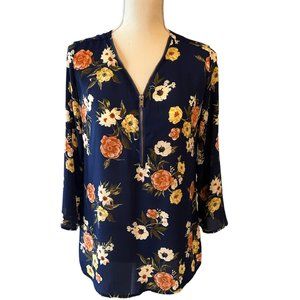 Wishful Park Floral Blouse with Zipper Front and Roll Up Sleeve